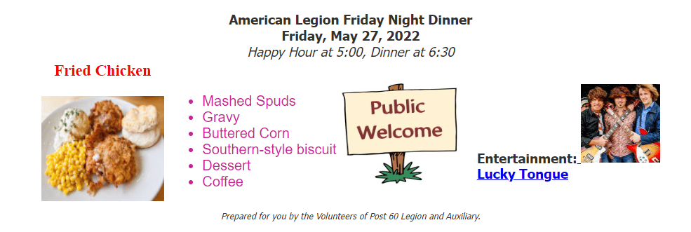 American Legion Dinner Info Bar